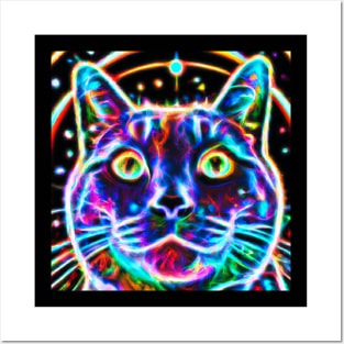 Neon Cosmic Synth Cat Posters and Art